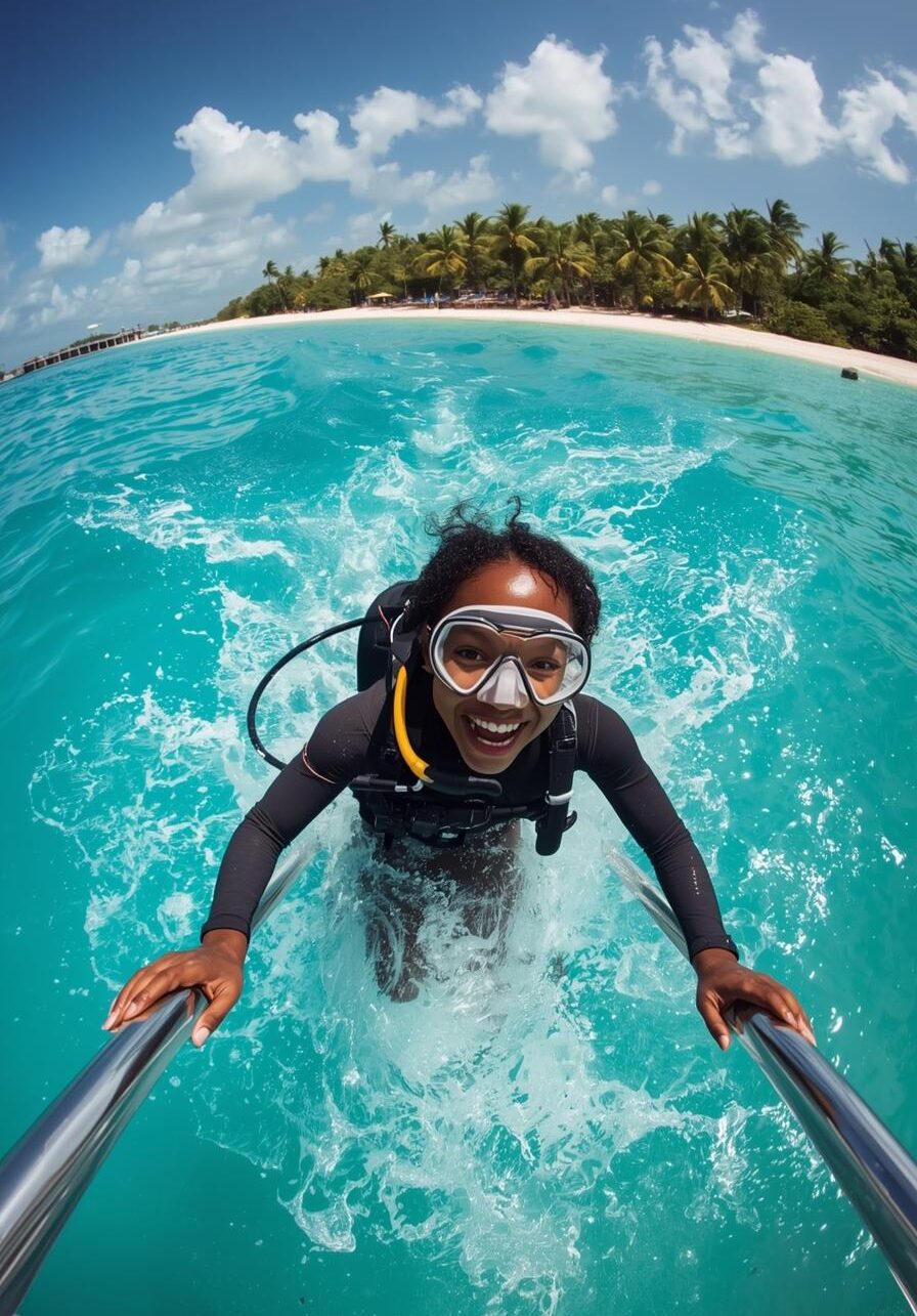 chica vestida de buceo profesional lanzándose al mar desde un barco, con una playa paradisiaca de fondo